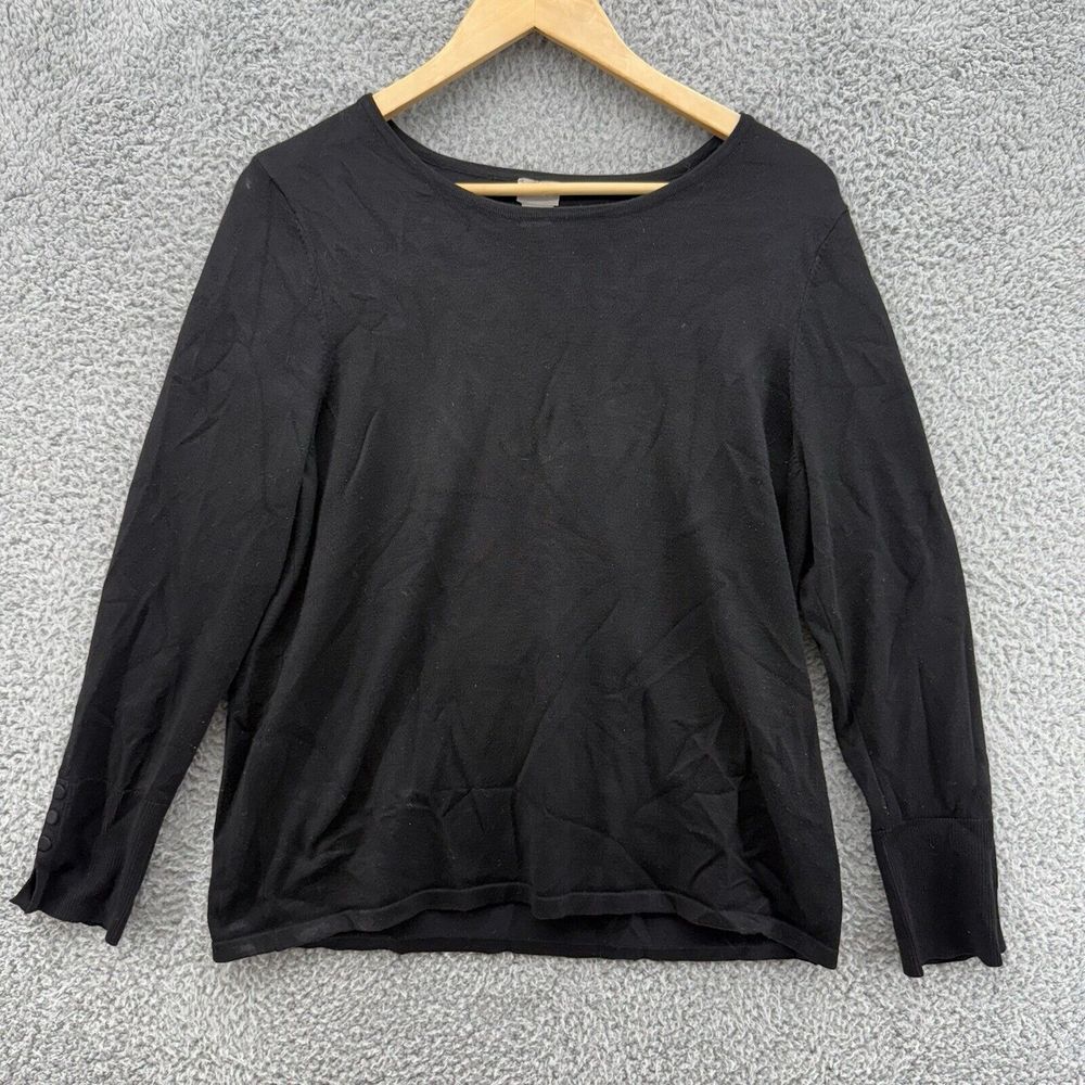 Chicos Womens Size 2 Casual Black Sweater Pull Over Top Long Button Sleeve